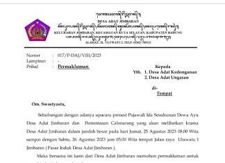 Simak Surat Permakluman dari Desa Adat Jimbaran Hari ini