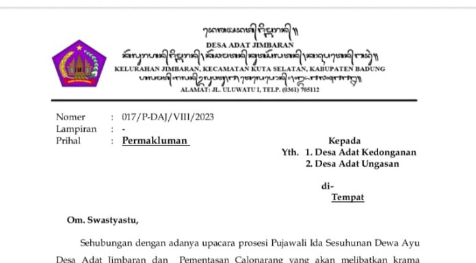 Simak Surat Permakluman dari Desa Adat Jimbaran Hari ini