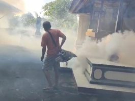 Cegah Sebaran Penyakit Demam Berdarah, Relawan Bongan Lakukan Fogging di Wilayah Banjar Adat Bongan Jawa