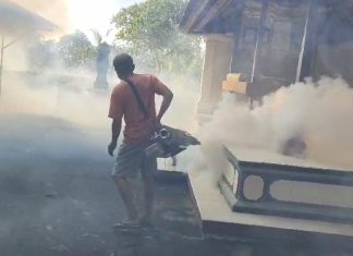Cegah Sebaran Penyakit Demam Berdarah, Relawan Bongan Lakukan Fogging di Wilayah Banjar Adat Bongan Jawa